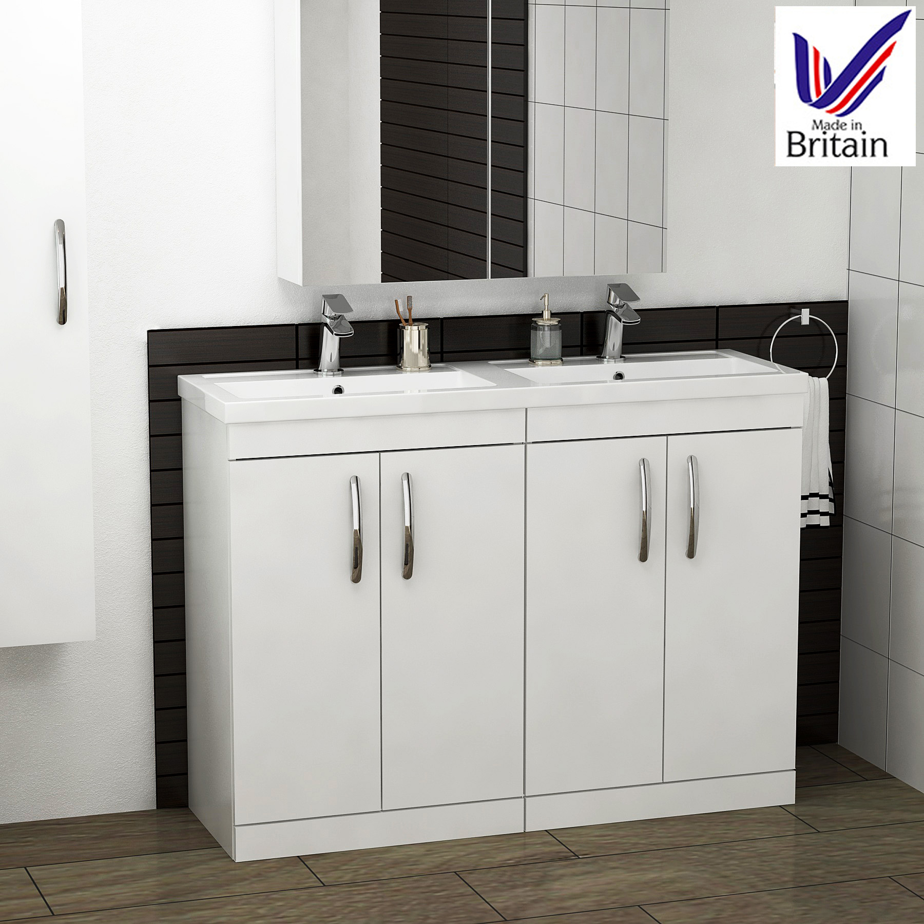 Details About 1200mm Floor Standing Vanity Unit Gloss White Double Basin Sink Cabinet 4 Doors
