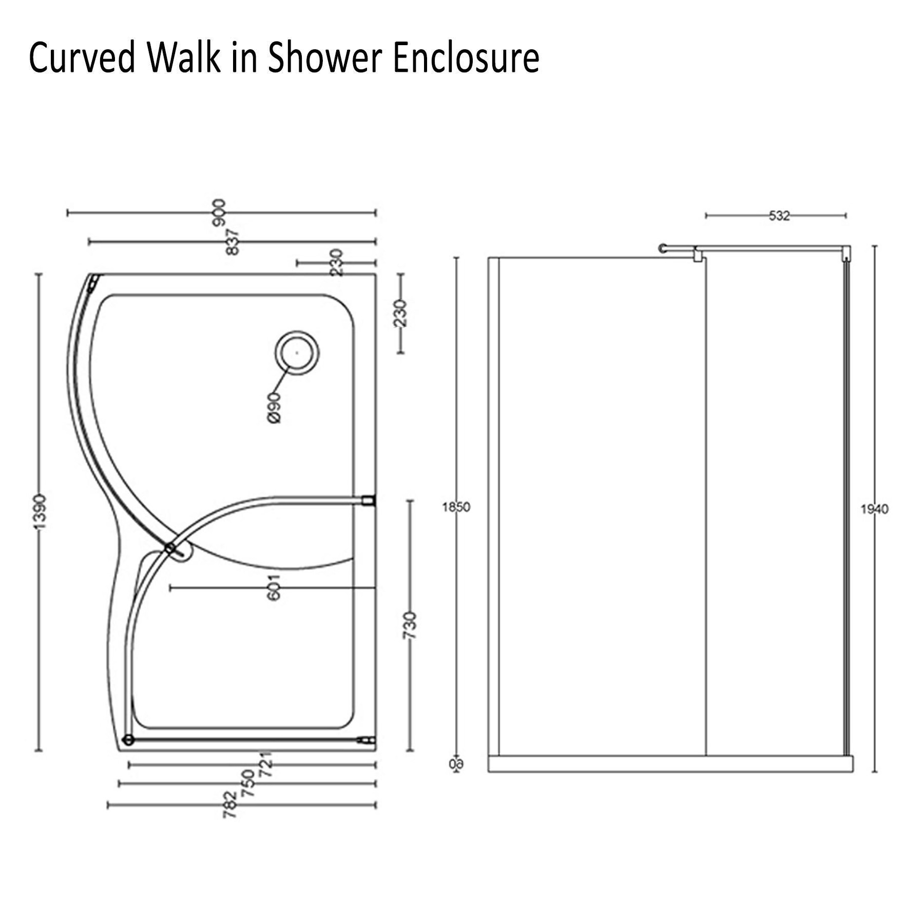 1400 x 900mm Curved Walk In Shower Enclosure 8mm Easy Clean Glass