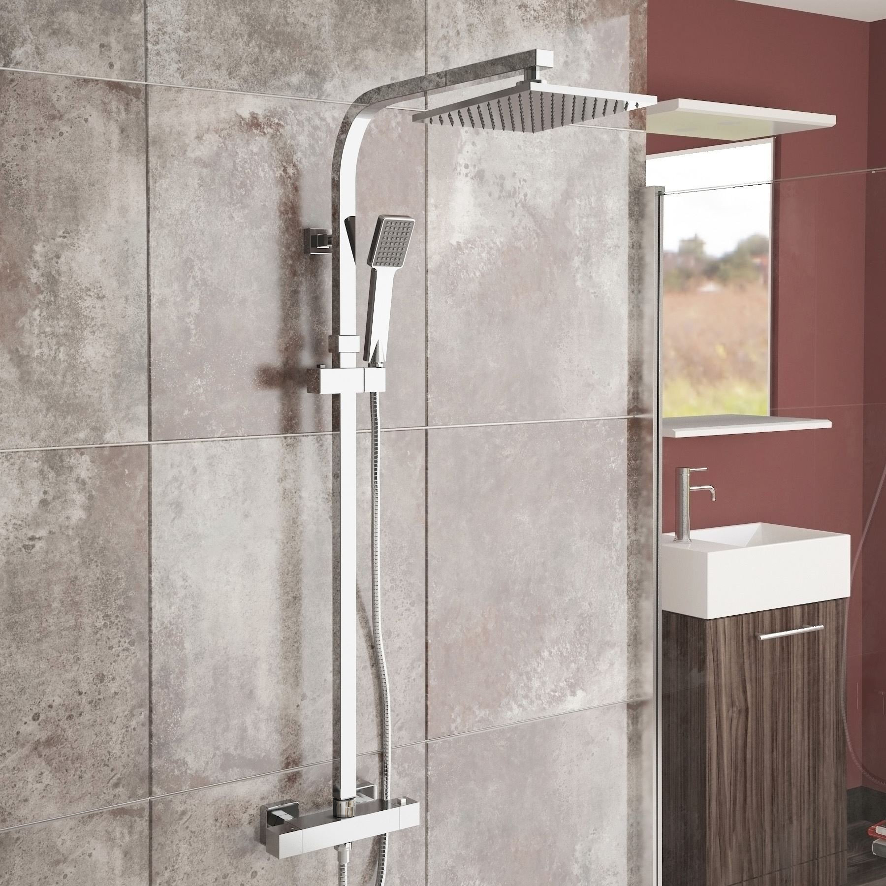 8" Twin Head Square Thermostatic Bar Rain Shower Mixer Bath Valve Set
